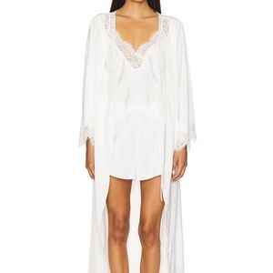 Women's White Lace Trim Satin Robe and Chemise Set